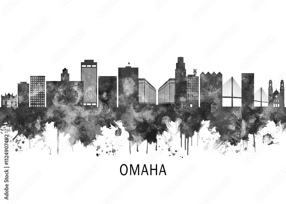 Omaha Nebraska Skyline BW, cityscape landscape watercolor painting print poster abstract splash illustration urban art modern downtown landmarks skyscrapers