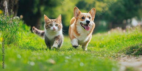 A cat and a dog are running together in a grassy field. The dog is wagging its tail and the cat is following closely behind. The scene is lively and playful, showing the bond between the two animals