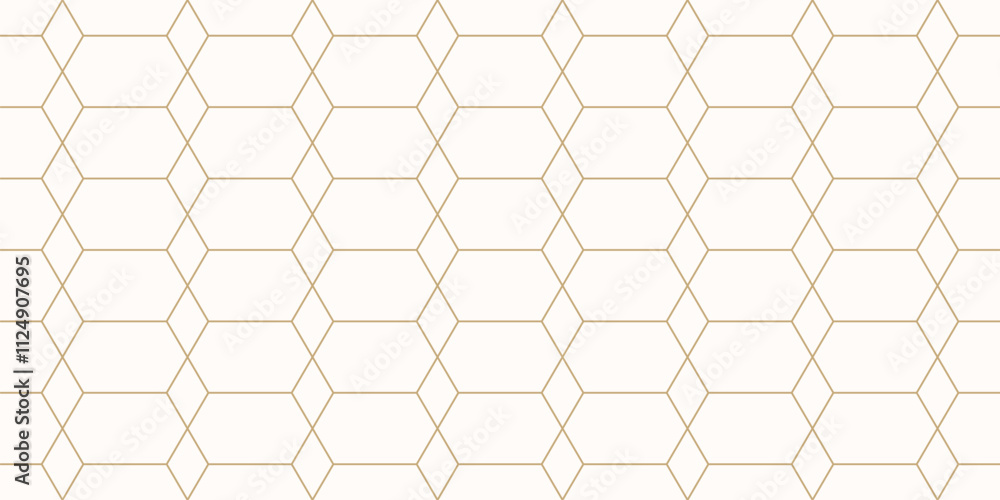 Abstract geometric seamless pattern in minimalist style. Golden vector background. Simple minimal ornament. Gold and white texture with hexagon grid, diamonds, lattice. Repeated luxury geo design Abstract geometric seamless pattern in minimalist style. Golden vector background. Simple minimal ornament. Gold and white texture with hexagon grid, diamonds, lattice. Repeated luxury geo design