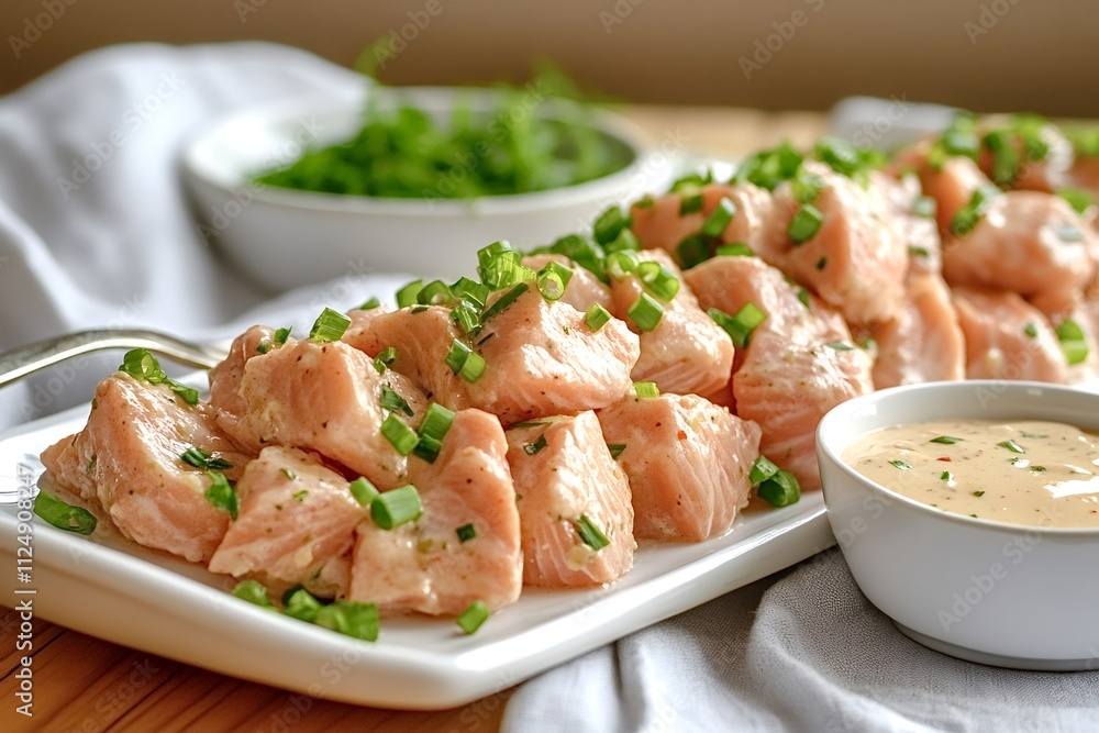 Delicious marinated salmon chunks garnished with fresh chives, served on a white rectangular platter with a creamy dipping sauce, perfect for appetizers or light meals Delicious marinated salmon chunks garnished with fresh chives, served on a white rectangular platter with a creamy dipping sauce, perfect for appetizers or light meals