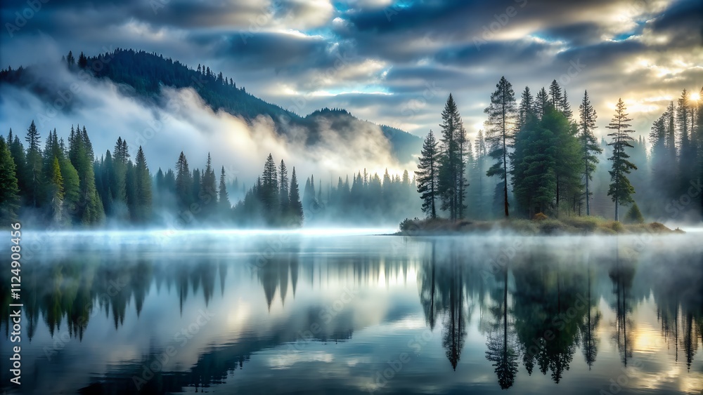 Misty Mountain Lake Surrounded by Pine Trees Misty Mountain Lake Surrounded by Pine Trees