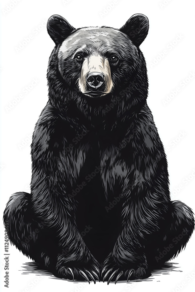 Fototapeta premium Black bear sitting down, hand-drawn style, white background