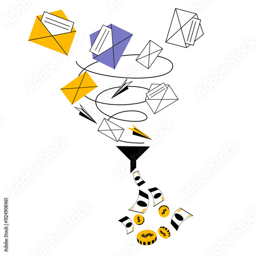 A tornado of applications flies into a sales funnel from which money drips. Vector illustration on the topic of promotion and sales in social networks.