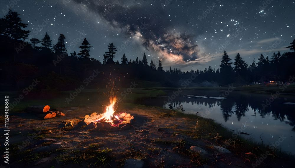 The night landscape of the forest. A bonfire is burning by the river, the Milky Way is in the sky The night landscape of the forest. A bonfire is burning by the river, the Milky Way is in the sky