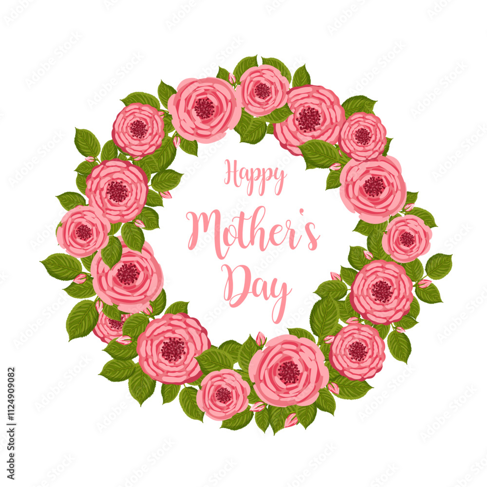 Mother's day greeting card. Vector round frame with blooming roses. Floral illustration for postcard, poster, invitation decor etc. Flowers for spring and summer holidays. Mother's day greeting card. Vector round frame with blooming roses. Floral illustration for postcard, poster, invitation decor etc. Flowers for spring and summer holidays.