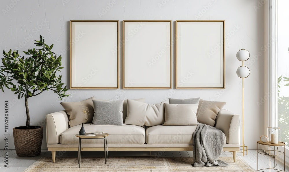 Naklejka premium Minimalist living room interior with a beige sofa. three empty picture frames. and a potted plant