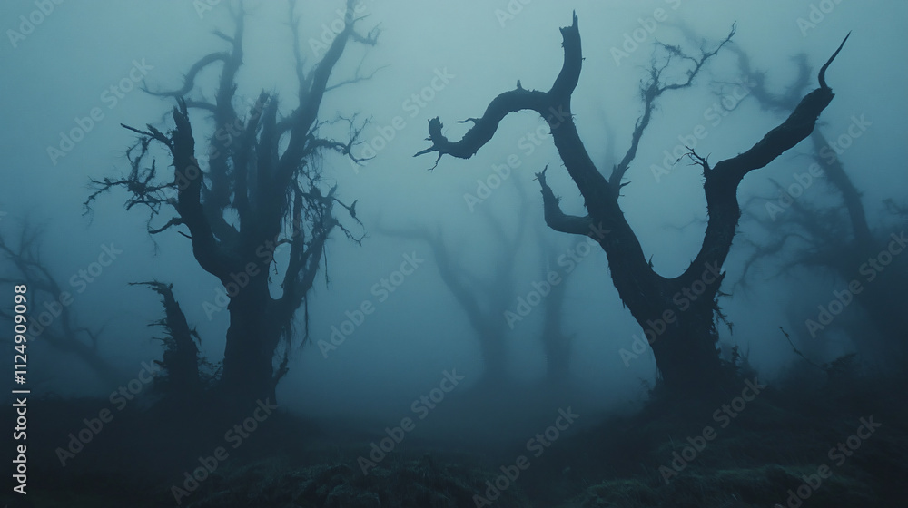 Obraz premium Creepy silhouettes of trees against a foggy backdrop, ominous and eerie.