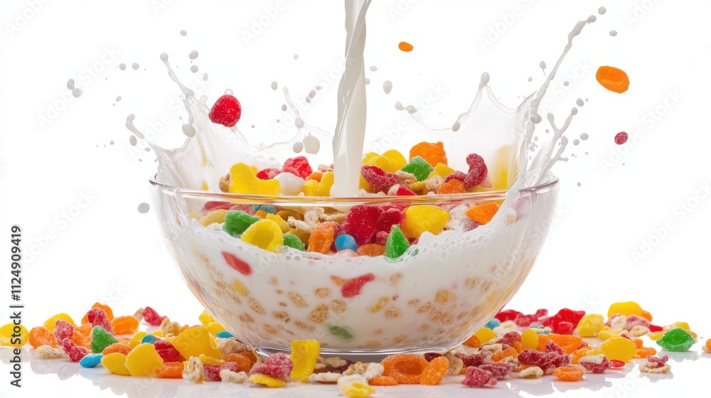 Colorful Cereal with Milk Splash in Bright Light Colorful Cereal with Milk Splash in Bright Light