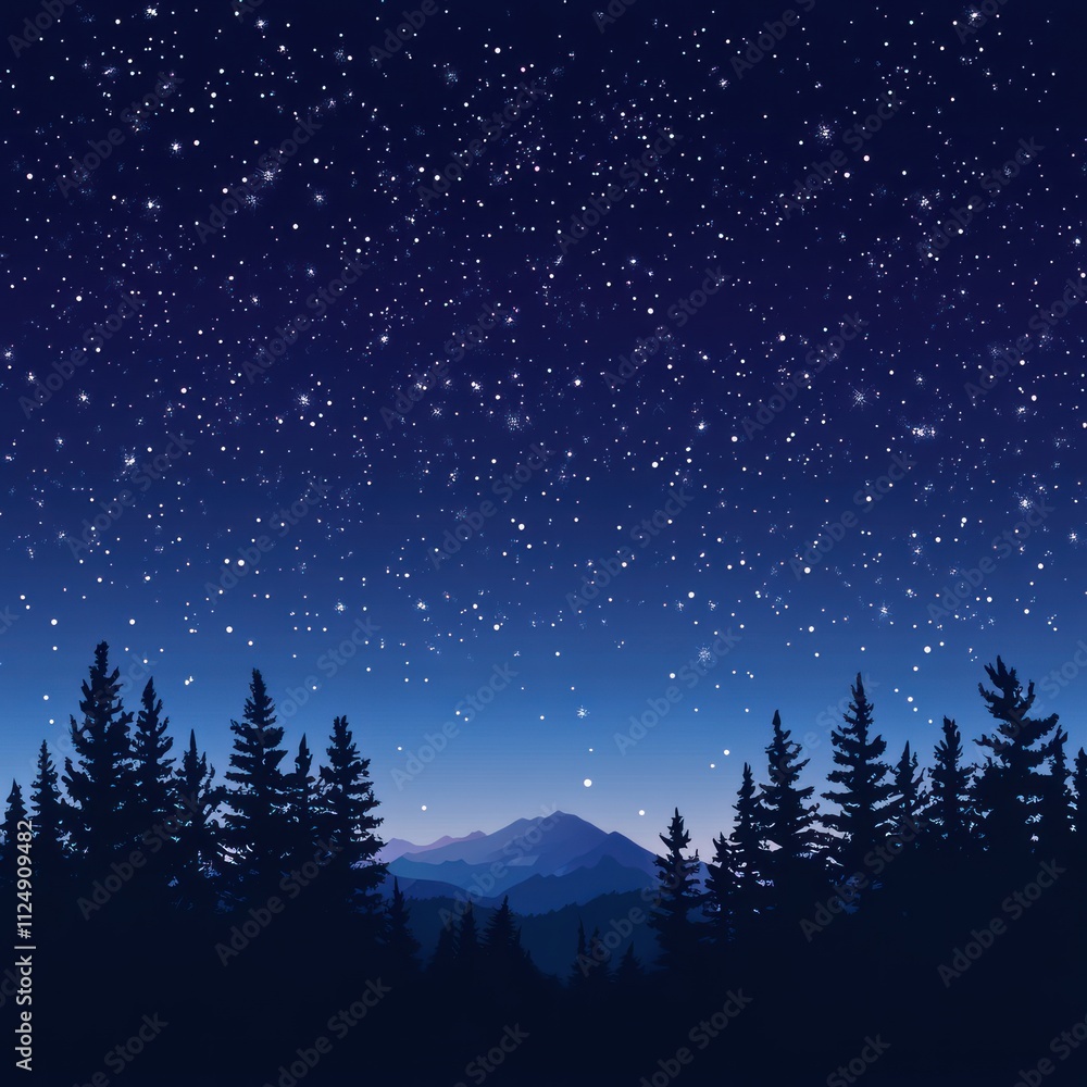 Starry night sky over silhouetted pine trees and mountains. Starry night sky over silhouetted pine trees and mountains.