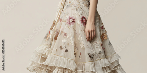 Modernised rococo aesthetic fashion elements, frilly pastel lace with embroided flowers dress photo