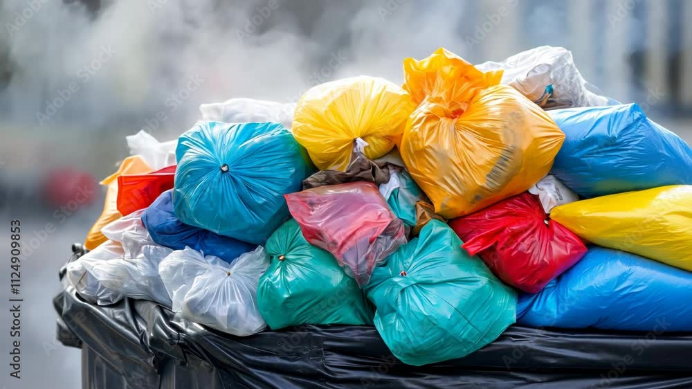 Garbage Truck Compactor Crushing Waste Bags