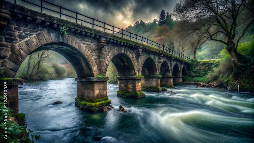 Fototapeta premium Ancient stone bridge over a river in a mystical forest