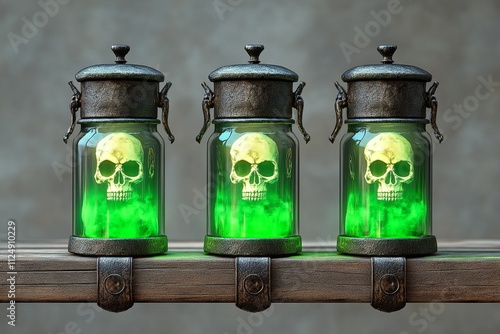 A gothic apothecary with ancient bottles, glowing green potions, and skull motifs carved into the wooden shelves photo