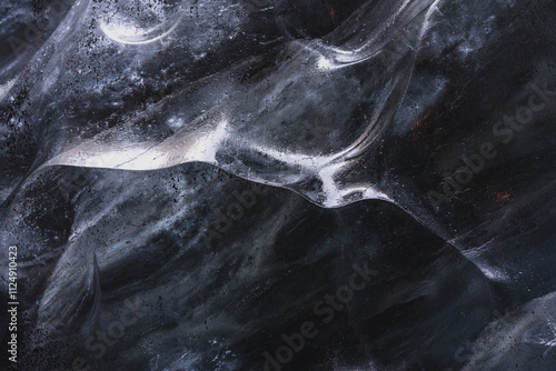 Detailed, close-Up Of Ice In An Ice Cave. Blue pattern, texture. Southern Iceland. Copy space for text or background.