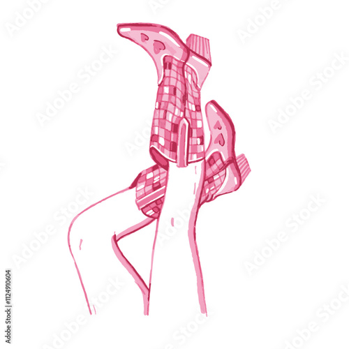 Cowgirl legs in boots, vector watercolor traditional American west footwear, pink female heels print. Hand drawn ethnic elegant Texas fashion poster, classic western design. Cowgirl legs illustration