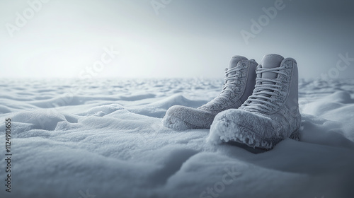 Frosted winter boots partially sunk in fresh snow with a soft blurred background photo