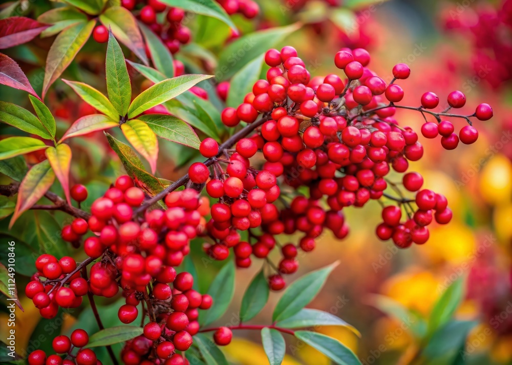 Captivating Macro Photography of Nandina Domestica, Showcasing the Intricate Details of Heavenly Bamboo Leaves and Berries in a Horizontal Format