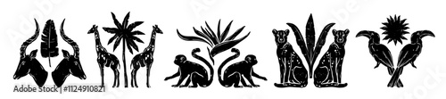 African animal linocut print, vector hand drawn tropical nature logo, giraffe silhouette, monkey. Wild exotic decorative logotype kit, palm leaf, cheetah, gazelle jungle boho shape. African animal set