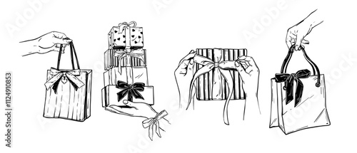 Holiday shopping bag doodle set, vector hand drawn gift box birthday surprise line illustration. Christmas market purchase, female hands with package, ribbon bow wrapping paper. Shopping bag clipart