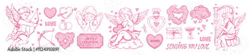 Valentine day cherub print set, vector romantic holiday sticker collection, cute baby angel, cloud. Pink watercolor heart design object, love coupon, potion, cartoon cupid bow. Valentine cherub tattoo