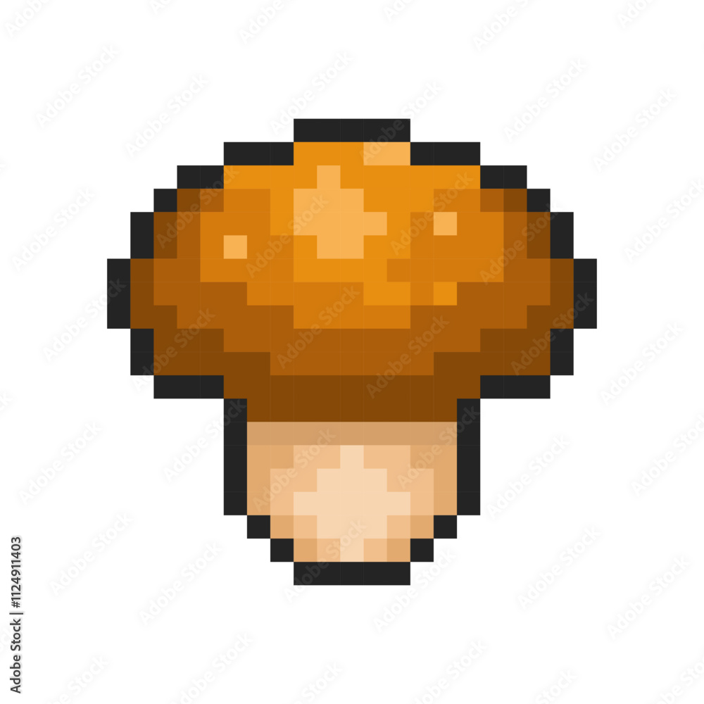 Fototapeta premium Pixel mushroom isolated on transparent background. Pixelated badge, game asset or computer arcade item. Vegetable icon. Vector pixel art illustration in 16 bit old style.