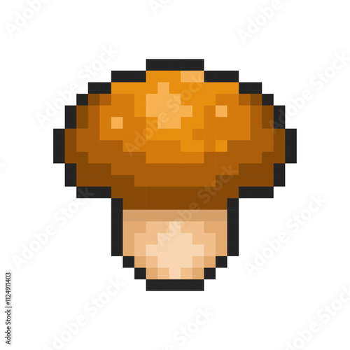 Pixel mushroom isolated on transparent background. Pixelated badge, game asset or computer arcade item. Vegetable icon. Vector pixel art illustration in 16 bit old style.