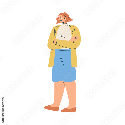 Woman Character in Standing Pose with Folded Arms Vector Illustration