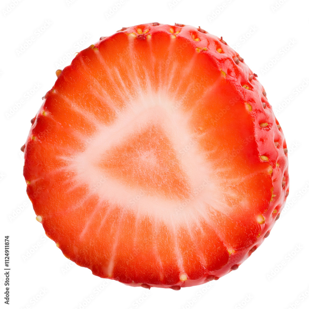 Vibrant red strawberry slice isolated on transparent background, highlighting its juicy color and texture Vibrant red strawberry slice isolated on transparent background, highlighting its juicy color and texture