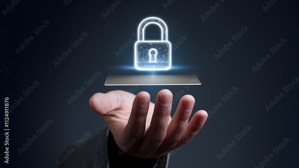 Digital Payments Trust Assurance Concept. A hand holding a glowing digital lock icon over a surface. Digital Payments Trust Assurance Concept. A hand holding a glowing digital lock icon over a surface.