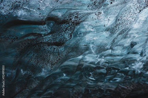Detailed, close-Up Of Ice In An Ice Cave. Blue pattern, texture. Southern Iceland. Copy space for text or background.