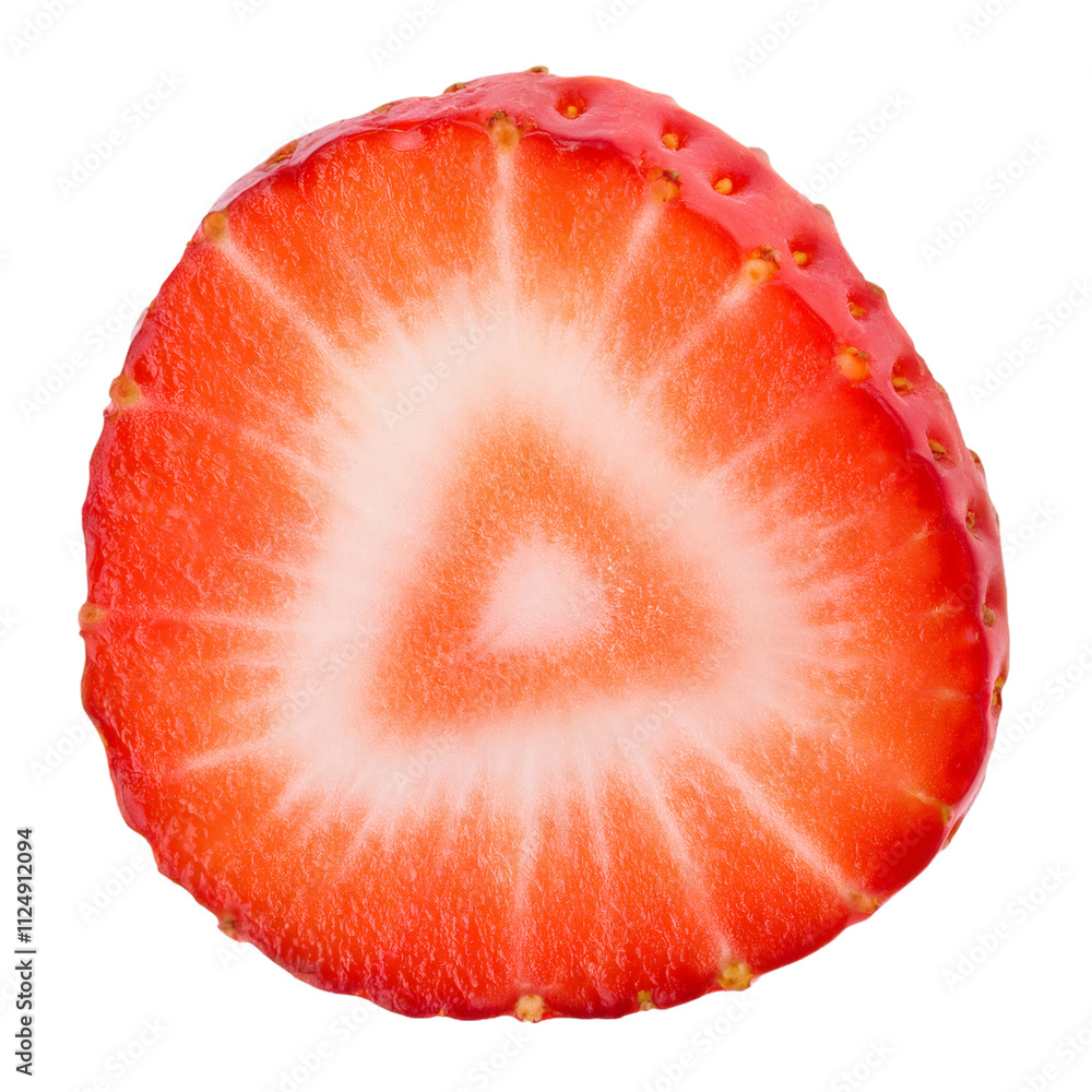 Detailed close up of a ripe strawberry slice showcasing its luscious red flesh, seeds, and white core on a clear backdrop Detailed close up of a ripe strawberry slice showcasing its luscious red flesh, seeds, and white core on a clear backdrop