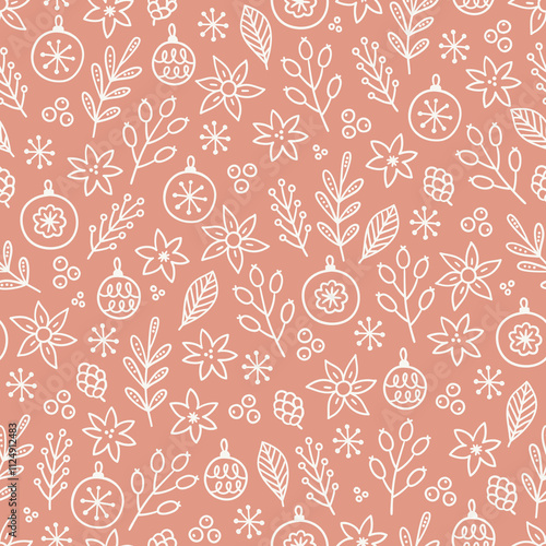 Wallpaper Mural Christmas outline seamless pattern with leaves, flowers, balls, snowflakes, berries on pink background. Perfect for wallpaper, gift paper, winter greeting cards. Vector hand drawn illustration Torontodigital.ca