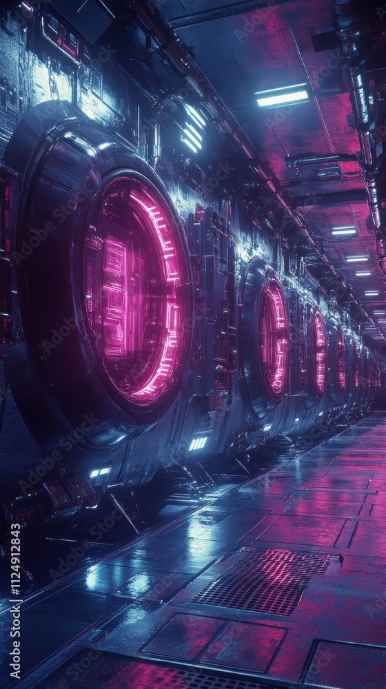 Cyberpunk style walls filled with huge rotating turbines, neon light panels background vertical wallpaper AI generated image Cyberpunk style walls filled with huge rotating turbines, neon light panels background vertical wallpaper AI generated image