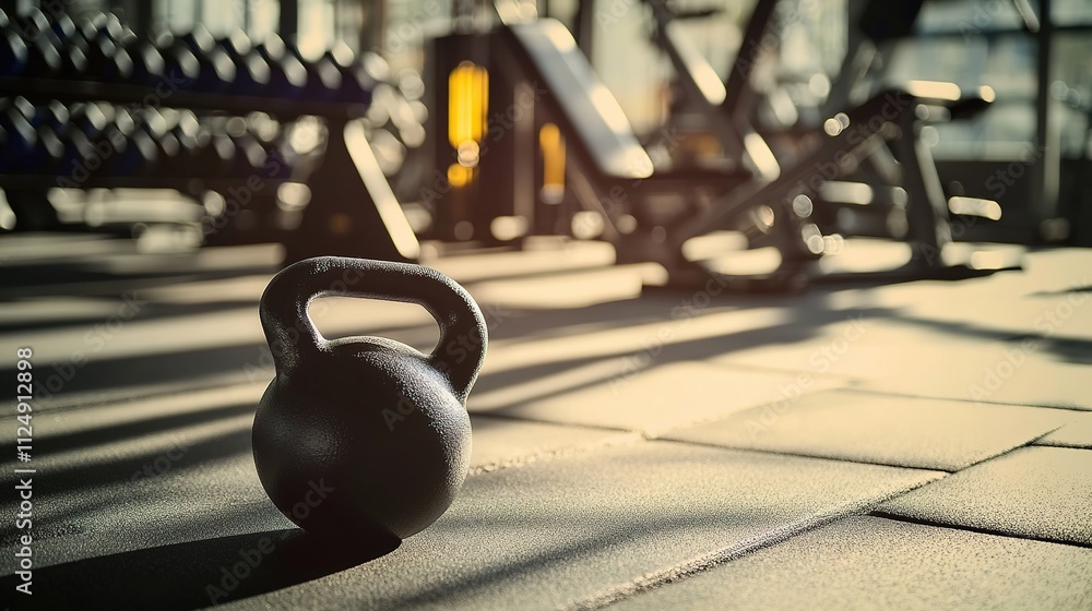 Black kettlebell on gym floor with sunlight and equipment shadow. Black kettlebell on gym floor with sunlight and equipment shadow.