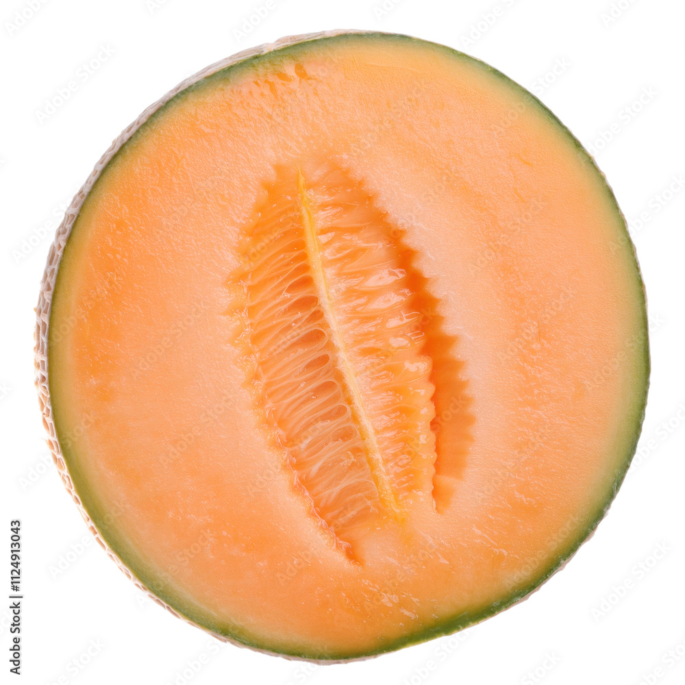 Vibrant close up of juicy cantaloupe slice with textured flesh and central seed cavity, isolated on transparent background Vibrant close up of juicy cantaloupe slice with textured flesh and central seed cavity, isolated on transparent background