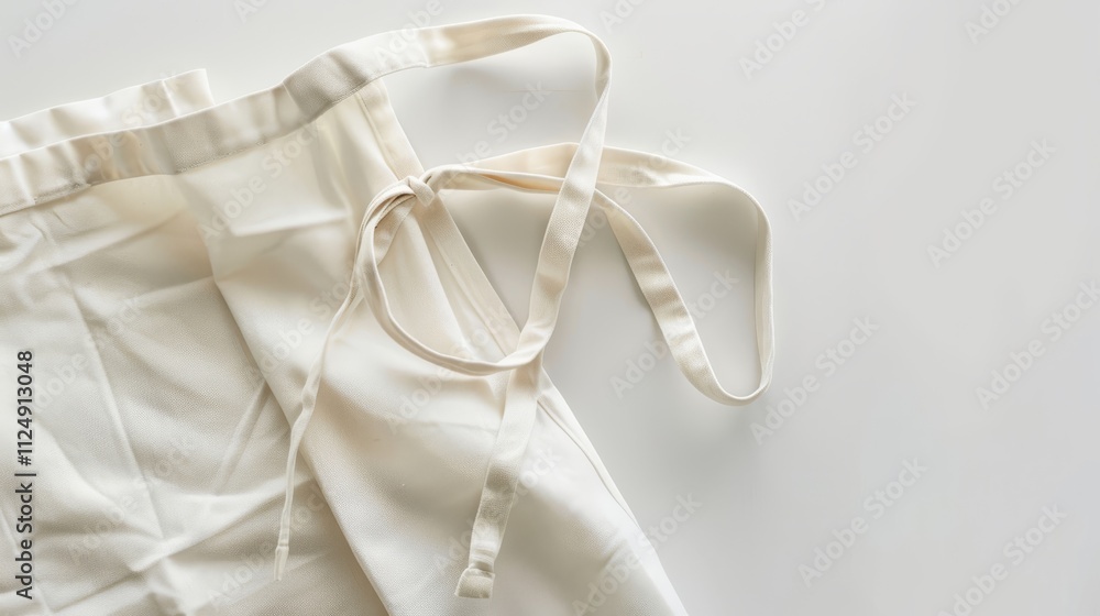 A close-up of a white apron with ties, suggesting preparation for cooking or baking. A close-up of a white apron with ties, suggesting preparation for cooking or baking.