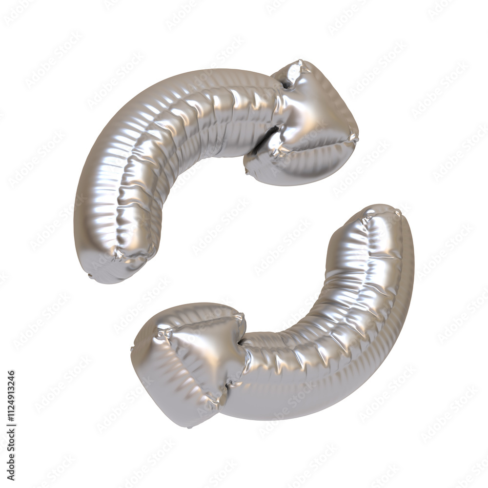 Metallic silver balloon shaped like a circular refresh or reload symbol, isolated on white, ideal for technology or sustainability themes. 3D render illustration Metallic silver balloon shaped like a circular refresh or reload symbol, isolated on white, ideal for technology or sustainability themes. 3D render illustration