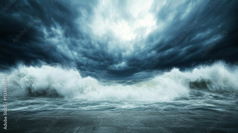 Dramatic tsunami wave crashing into a sea wall as water splashes into the air under ominous skies Dramatic tsunami wave crashing into a sea wall as water splashes into the air under ominous skies