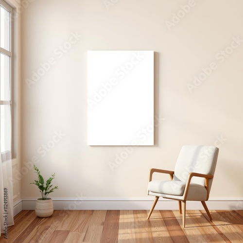 Standing canvas next to beige living room wall and single armchair banner mockup advertising blank business display template