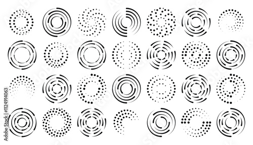 Halftone dotted speed lines circle set. Geometric art in circle forms. Round swirl movement symbols. Halftone circular dotted frames. Vector design elements