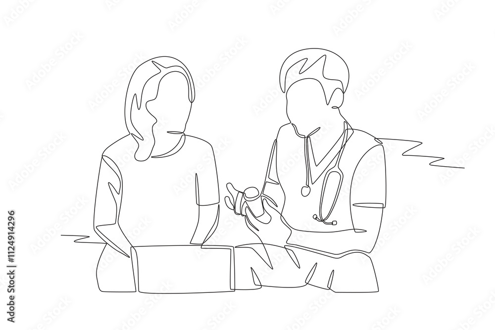 Nurse explains the use of medication to the patient. Visiting nurse concept one-line drawing Nurse explains the use of medication to the patient. Visiting nurse concept one-line drawing