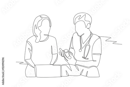 Nurse explains the use of medication to the patient. Visiting nurse concept one-line drawing