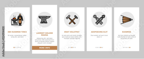 blacksmith forge anvil hammer onboarding mobile vector smith metal, smithy craftsman, fire steel, work farrier, black forging, sword strike blacksmith forge anvil hammer illustrations