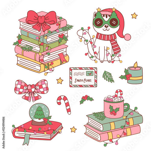 set of isolated stack of books and cat