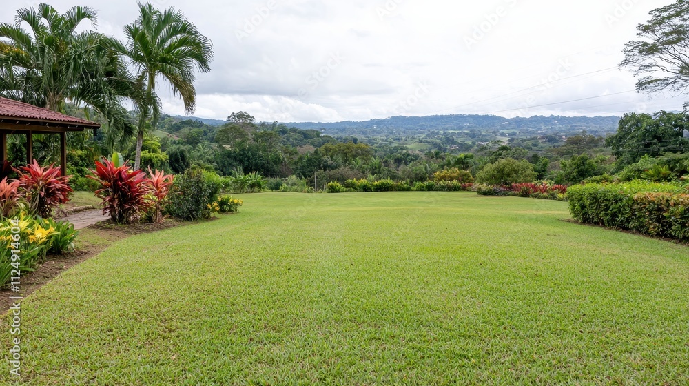 Fototapeta premium Serene Green Landscape with Lush Gardens and Tropical Plants Under Cloudy Sky