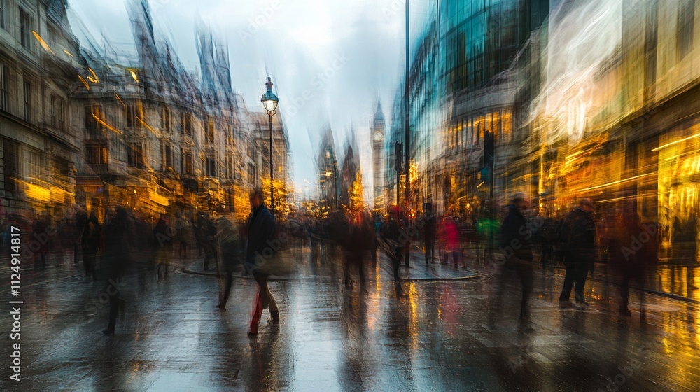 Naklejka premium Walking people blur. Lots of people walking in the City of London. Wide panoramic view of people crossing the road.