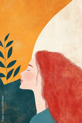 Artistic illustration of a woman with red hair, botanical elements, and bold orange and teal tones, textured modern design for contemporary decor