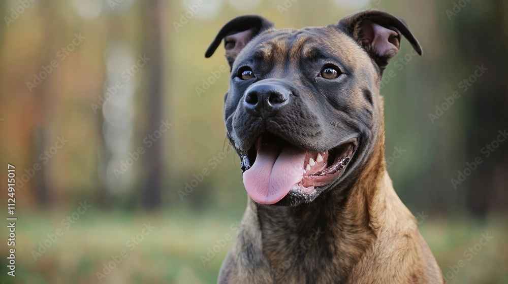 Obraz premium Portrait of happy pit bull terrier panting in park