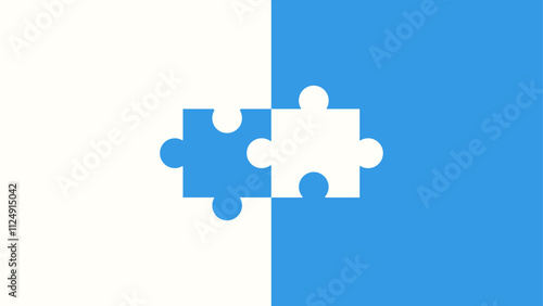 Two interlocked puzzle pieces in contrasting blue and white on a divided background