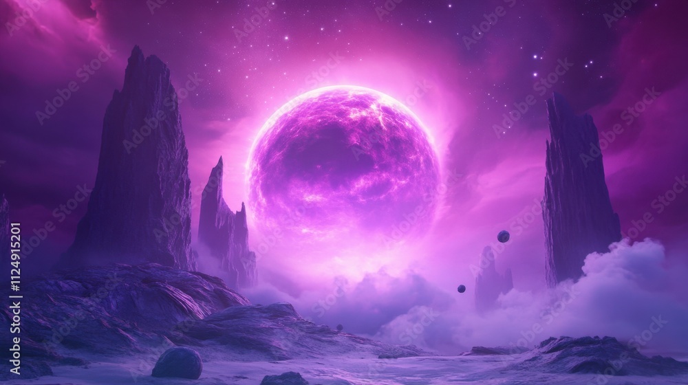Ethereal Purple Landscape with Celestial Sphere in Alien Atmosphere Ethereal Purple Landscape with Celestial Sphere in Alien Atmosphere